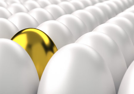 3D rendering of rows of white eggs with one golden egg amongの写真素材