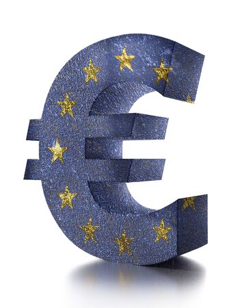 3D rendering of Euro currency symbol wrapped around with EU flag over white backgroundの写真素材