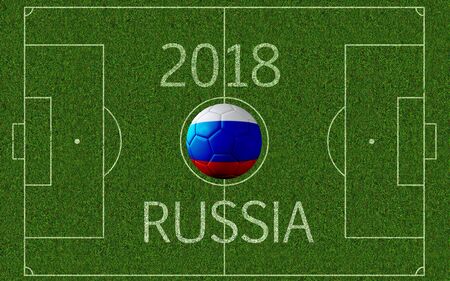 3D rendering of soccer pitch seen from above with superimposed soccer ball with imprinted Russian flag colors and 2018 Russia textの写真素材