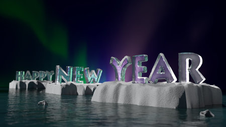 3D rendering of Icy Happy New Year words placed on ice floes floating on sea surface against Aurora...