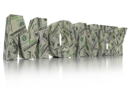 3D rendering of MONEY word wrapped around with 100 USD banknotes over white background