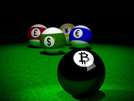 3D rendering of Pool balls with Bitcoin, American Dollar, Euro, Yen and British Pound symbols,...