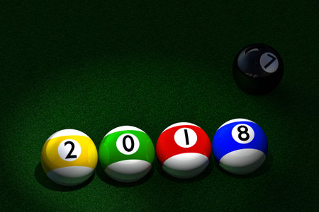 3D rendering of four striped pool balls with 2018 New Year date imprinted, and black ball with...