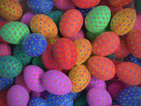 3D render of background of colorful easter eggs with floral patternsの写真素材