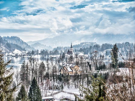 The Pilgrimage Church of the Asumption of Maria on Bled island, Slovenia, Europeの写真素材