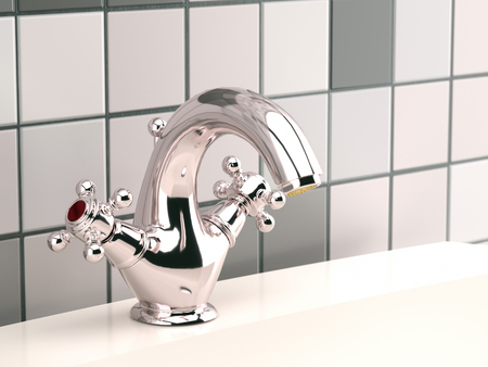 3D render of a modern chrome washbasin faucetの写真素材