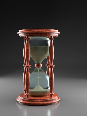 3D render of stylish hour glass with sand over dark gray background