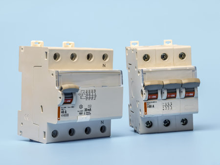 Overcurrent and RCCB breakers, shot over blue background