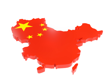 3D render of China borderline with national flag colors on white backgroundの写真素材
