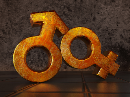 3D rendered golden scratched female and male symbols on black tiled surfaceの写真素材