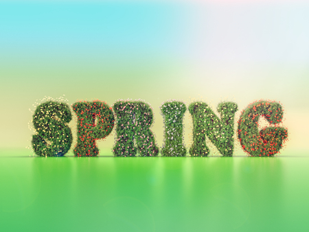 3D rendering of grassy Spring word with spring flowers on colorful backgroundの写真素材