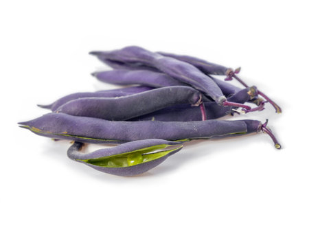 Bunch of fresh purple bean pods shot on whiteの写真素材
