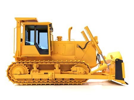 3D rendering of yellow bulldozer on white backgroundの写真素材
