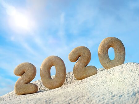 3D rendering of 2020 date made of sand placed on sandy dune hill against sunny skyの写真素材