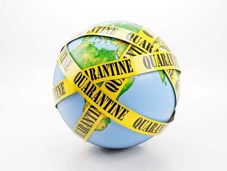 3D rendering of Planet Earth wrapped around with yellow Quarantine tape on white backgroundの写真素材