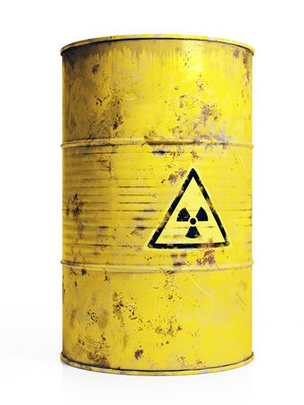 3D render of yallow metal barrel with radioactive substance on white backgroundの写真素材