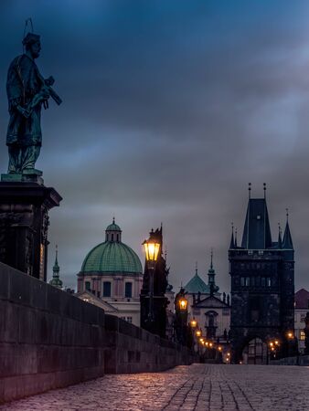 Charles Bridge at nighttime, Prague, Czech Republicの写真素材
