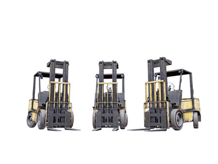 Three old yellow forklift trucks shot on white background