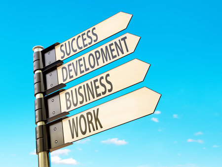 3D rendering of Work, Business, Development and Success guide post against the sky