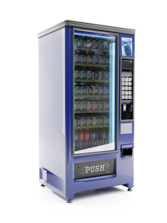 3D rendering of blue soda vending machine on white background