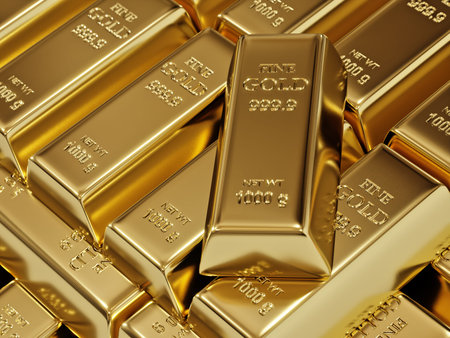3D rendering of stacked fine gold bars shot from above