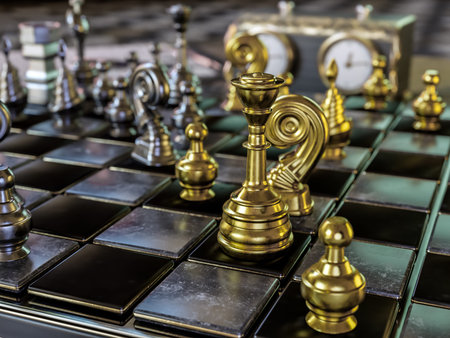 3D render of chess boad with metal chess pieces and chess clock