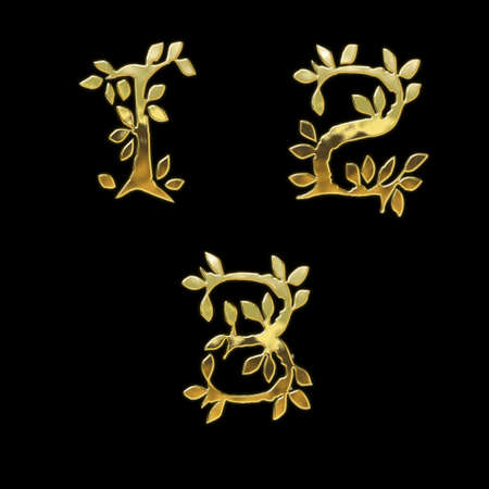3D rendering of Golden leaf style font alphabet - digits 1-3の写真素材