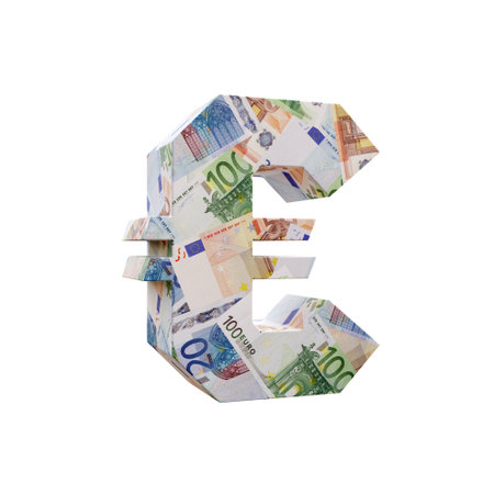 3D rendering of Euro sign wrapped-around with euro banknotes on white backgroundの写真素材