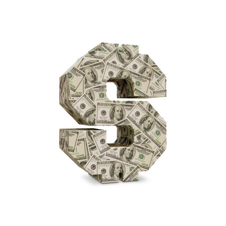3D rendering of US dollar sign wrapped-around with 100 USD dollar banknotes on white background