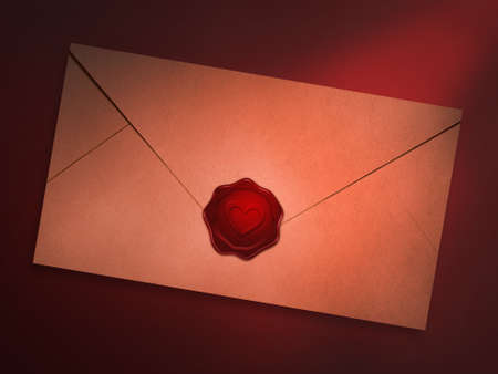 3D rendering of Love letter envelope sealed with red wax seal with heart symbol stampの写真素材