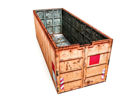 3D rendering of large orange industrial waste dumpster on white