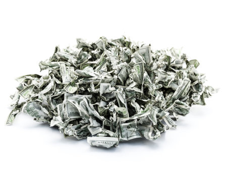 3D rendering of pile of crumpled 100 dollar banknotes on whiteの写真素材