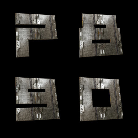 3D rendering of sci-fi metal panel alphabet fonts - digits 7-0