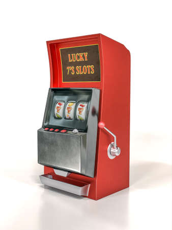 3d rendering of red slot machine with lucky 777 numbers on white backgroundの写真素材