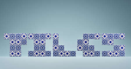 3D rendering of Floral Wall Ceramic Tiles arranged into TILES word on blue backgroundの写真素材