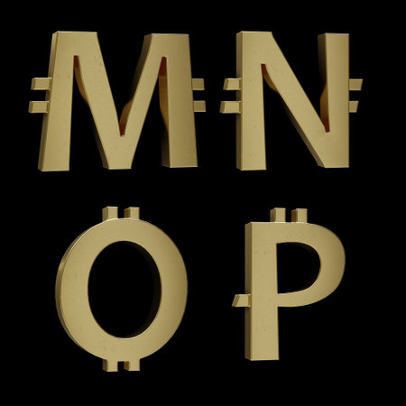3D rendering of golden metal Bitcoin alphabet on black background - letters MPの写真素材