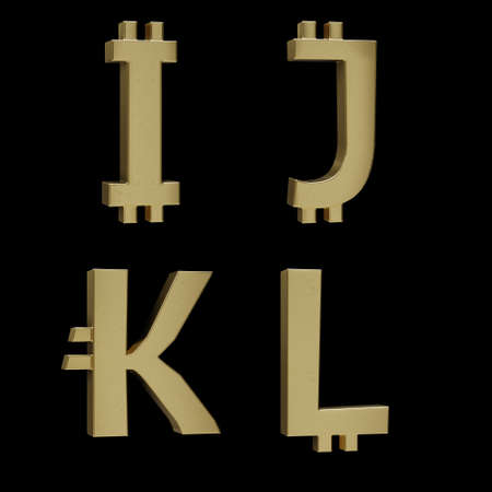3D rendering of golden metal Bitcoin alphabet on black background - letters EHの写真素材