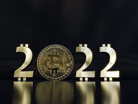 3D rendering of 2022 New Year date with bitcoin style golden digits on black background