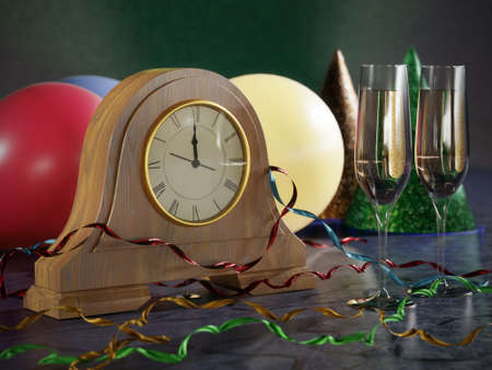 3D rendering of table clock showing midnight, party hats, streamers, balloons, and two glasses of champagneの写真素材