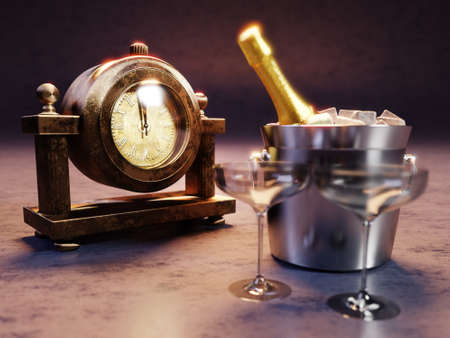 3D rendering of table clock showing midnight, bottle of champagne in cooler and two champagne glasses over dark blue backgroundの写真素材