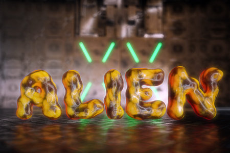 3d rendering of Alien flesh-like form text inside sci-fi metal panel module
