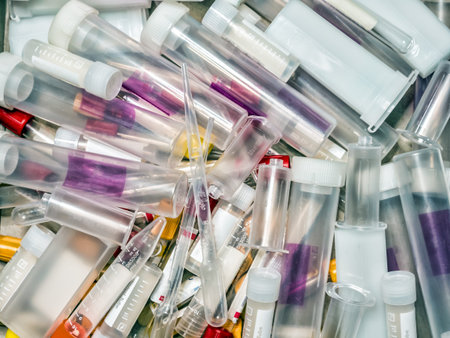 Pile of various empty, used medical test tubes and suppliesの写真素材