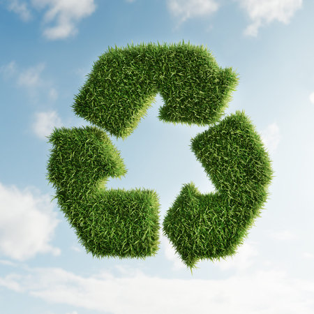 3D rendering of grass covered 3D arrow recycle symbol over sky backgroundの写真素材