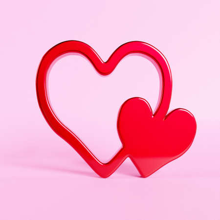 3D rendering of two red heart shapes connected on pink backgroundの写真素材
