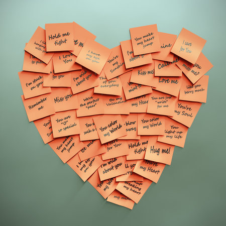 Red sticker with seasonal sayings forming Valentine heart attached to metal surface
