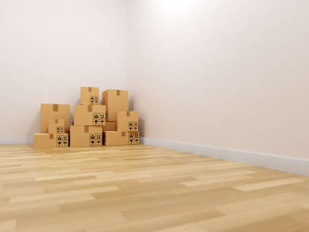 3D rendering of empty room with parquet floor and piled cardboard moving boxes in the cornerの写真素材