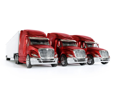 3D rendering of three long-nose big trucks parked side-by-side on white background