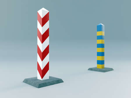 3D rendering of Polish and Ukrainian frontier posts on gray backgroundの写真素材
