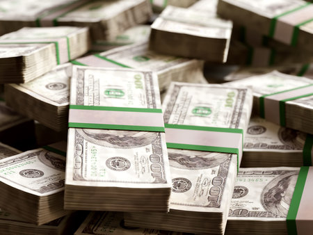 3D rendering of pile of 100 dollar banknote wads