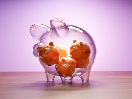 3D rendering of small orange piggybanks inside large glass piggybank against violet background